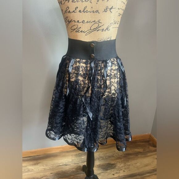 Vintage black tulle floral lace satin ribbon pleated bubble mini skirt Goth - Picture 3 of 12